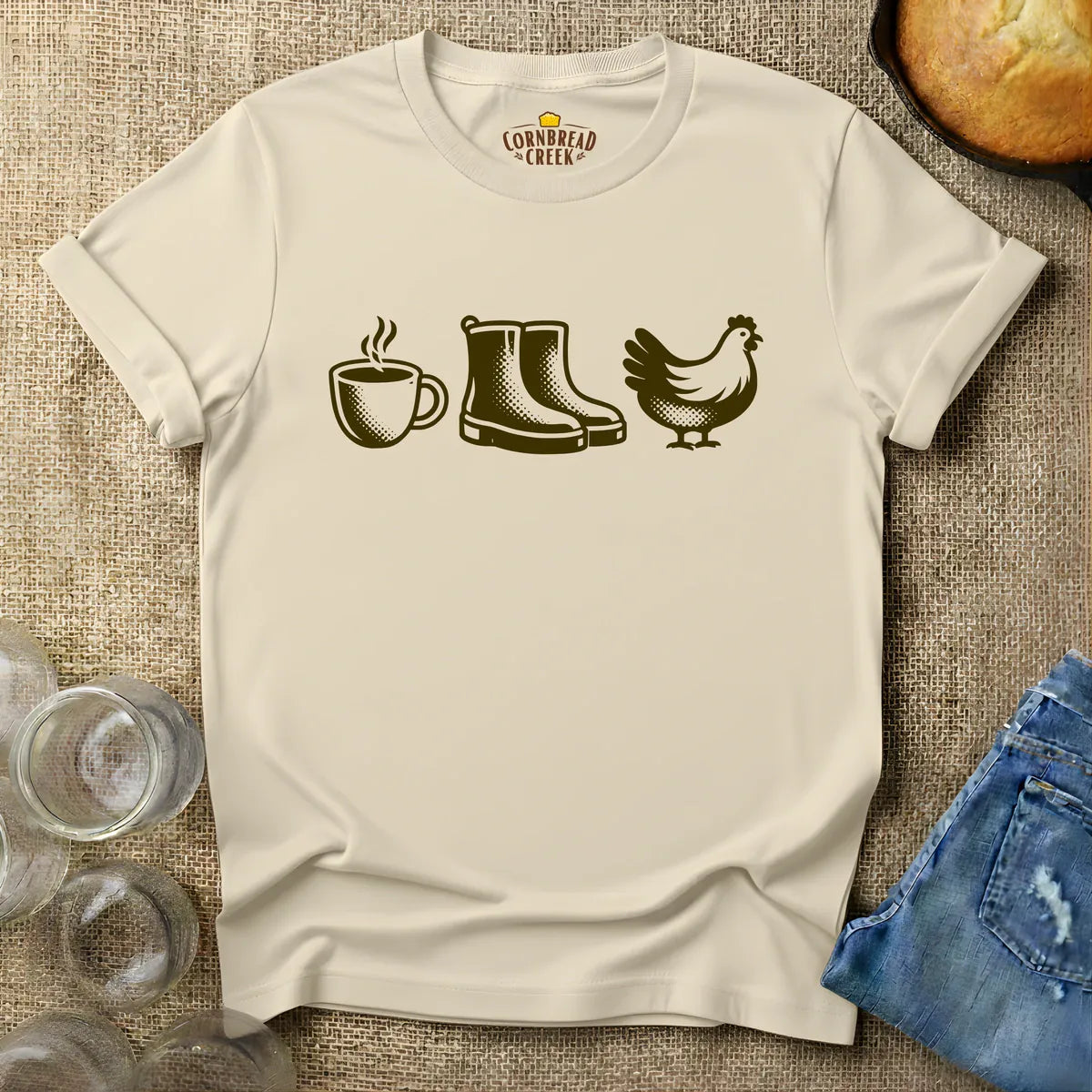 Coffee, Boots, Chickens T-Shirt Chicken and Rural Homestead Graphic tee Cornbread Creek