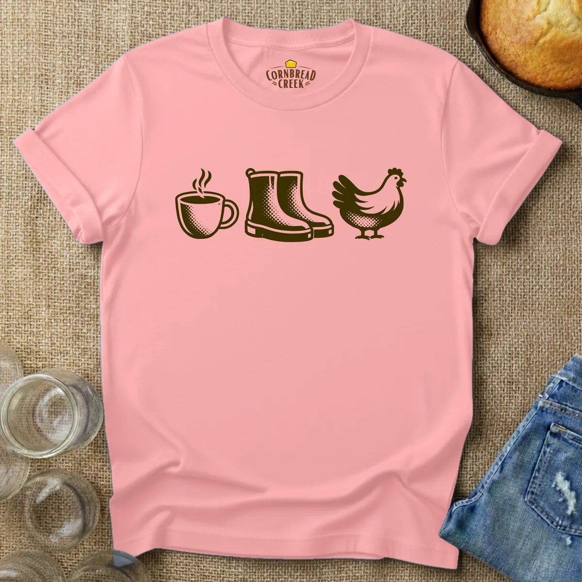 Coffee, Boots, Chickens T-Shirt Chicken and Rural Homestead Graphic tee Cornbread Creek