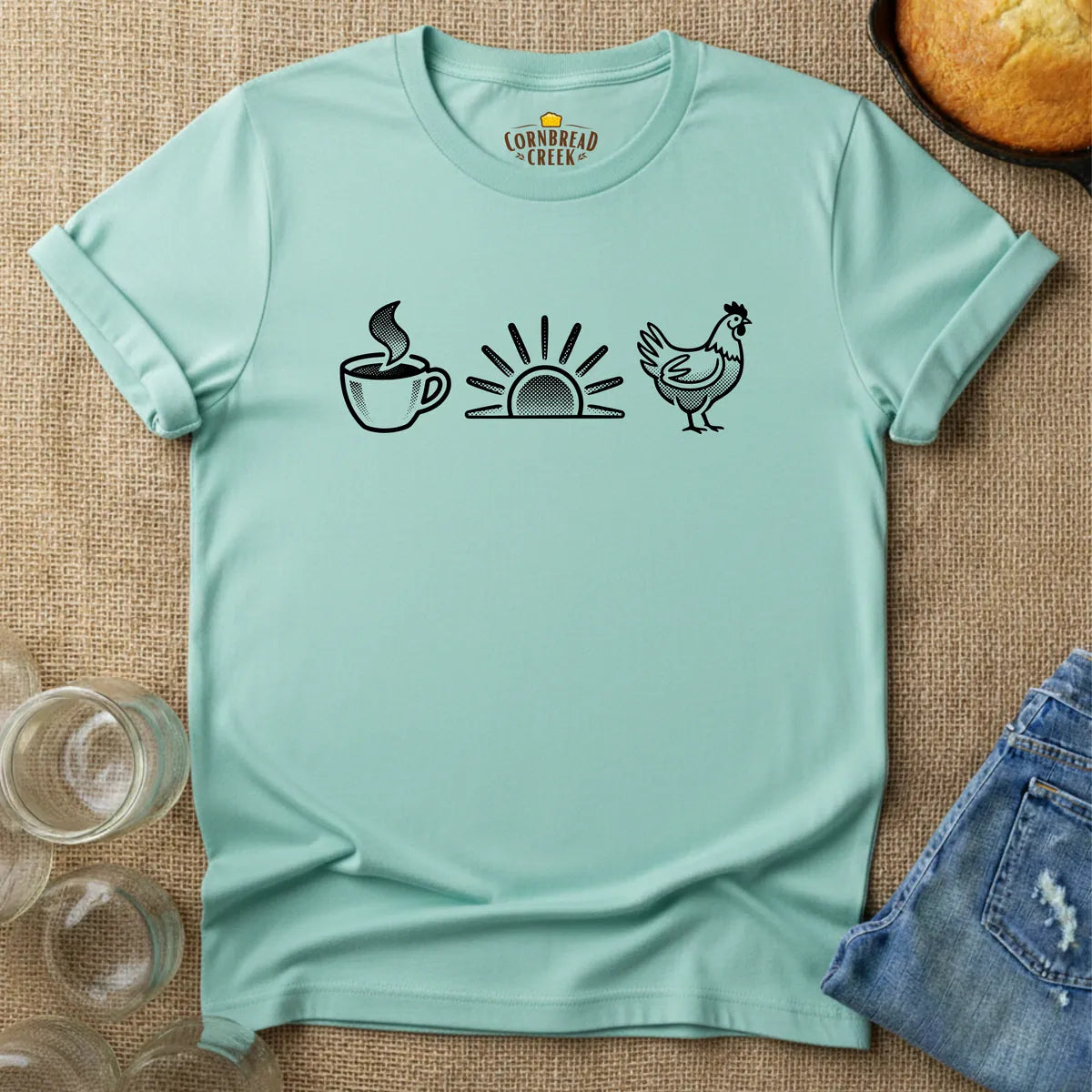 Coffee, Sunrise, Chickens T-Shirt T-Shirt Chicken and Rural Homestead Graphic tee Cornbread Creek