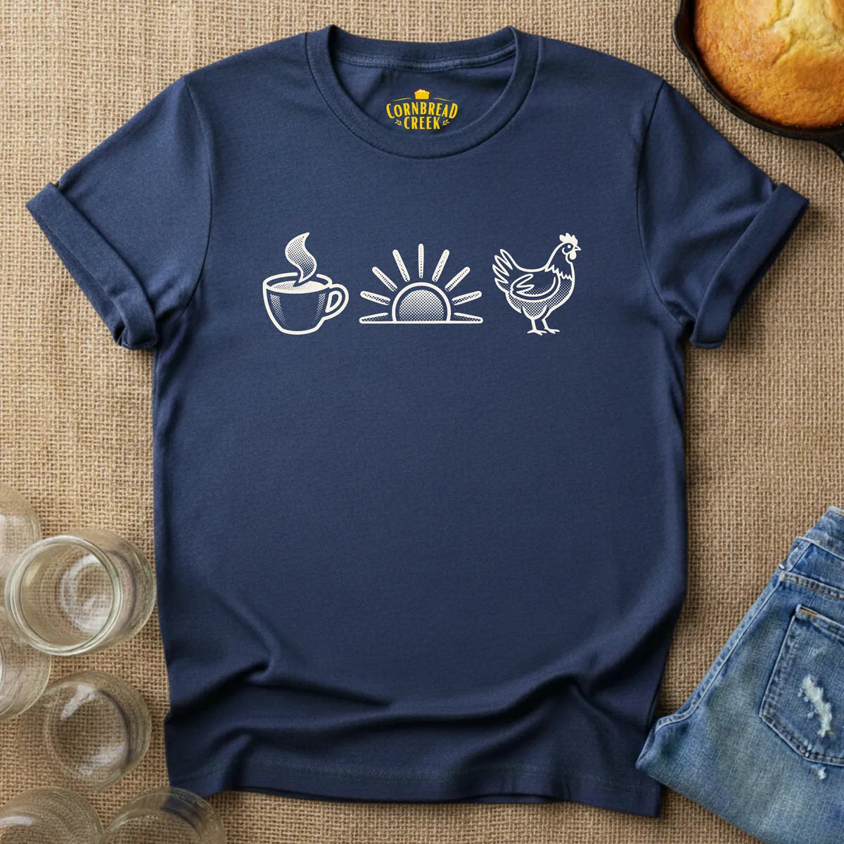 Coffee, Sunrise, Chickens T-Shirt T-Shirt Chicken and Rural Homestead Graphic tee Cornbread Creek