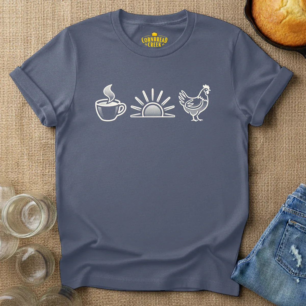 Coffee, Sunrise, Chickens T-Shirt T-Shirt Chicken and Rural Homestead Graphic tee Cornbread Creek