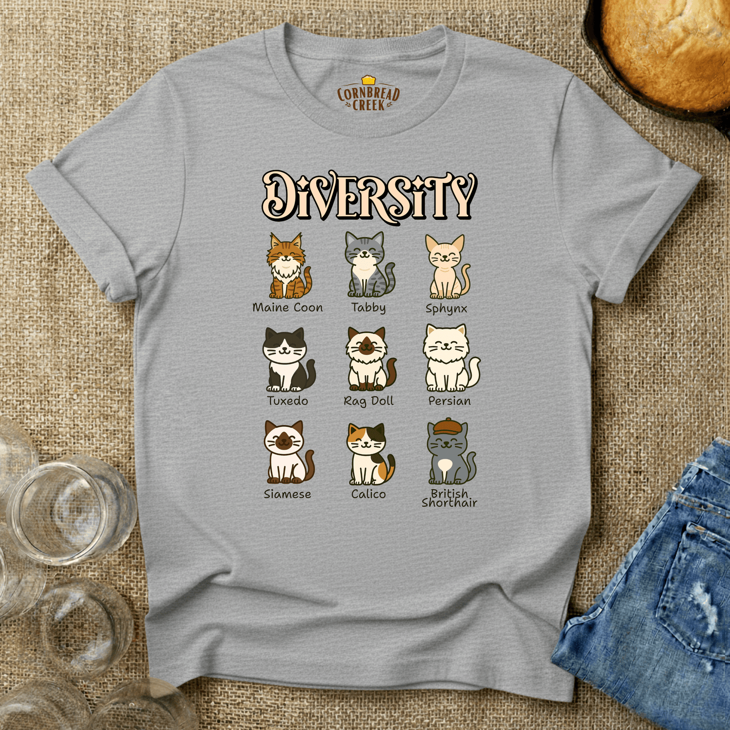 Diversity of Cats T-Shirt Chicken and Rural Homestead Graphic tee Cornbread Creek