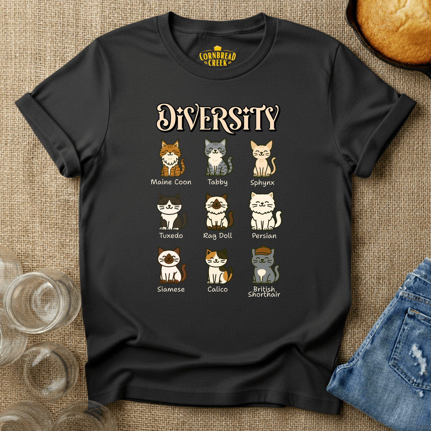 Diversity of Cats T-Shirt Chicken and Rural Homestead Graphic tee Cornbread Creek
