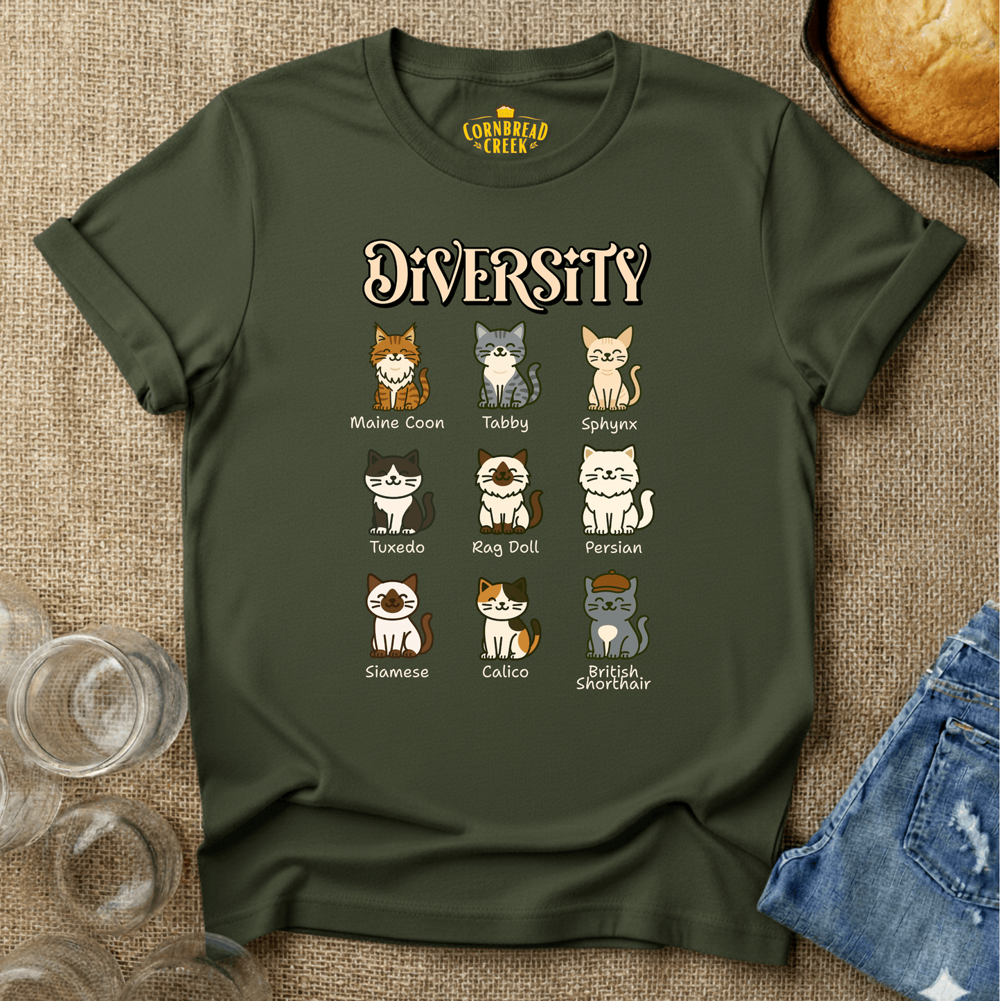 Diversity of Cats T-Shirt Chicken and Rural Homestead Graphic tee Cornbread Creek