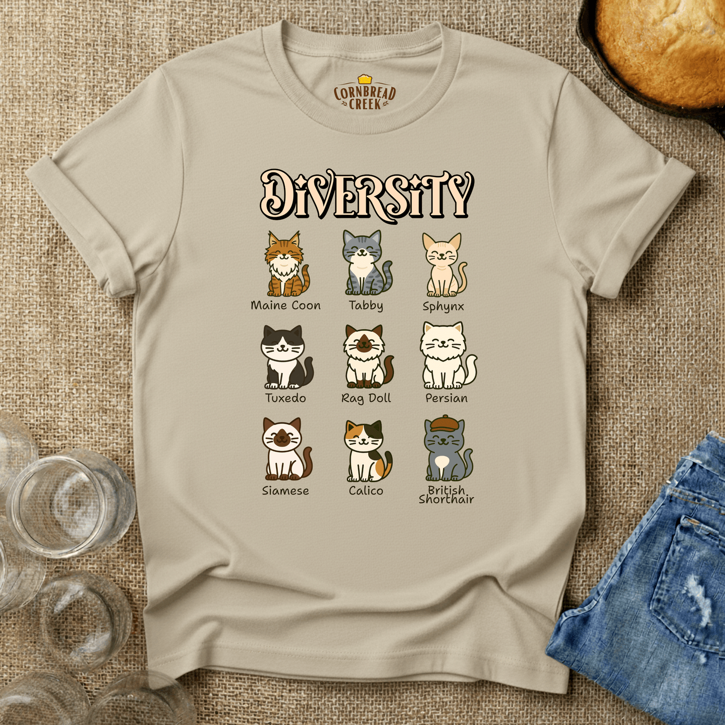Diversity of Cats T-Shirt Chicken and Rural Homestead Graphic tee Cornbread Creek