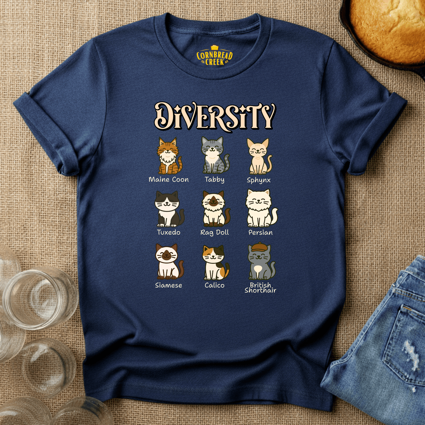 Diversity of Cats T-Shirt Chicken and Rural Homestead Graphic tee Cornbread Creek