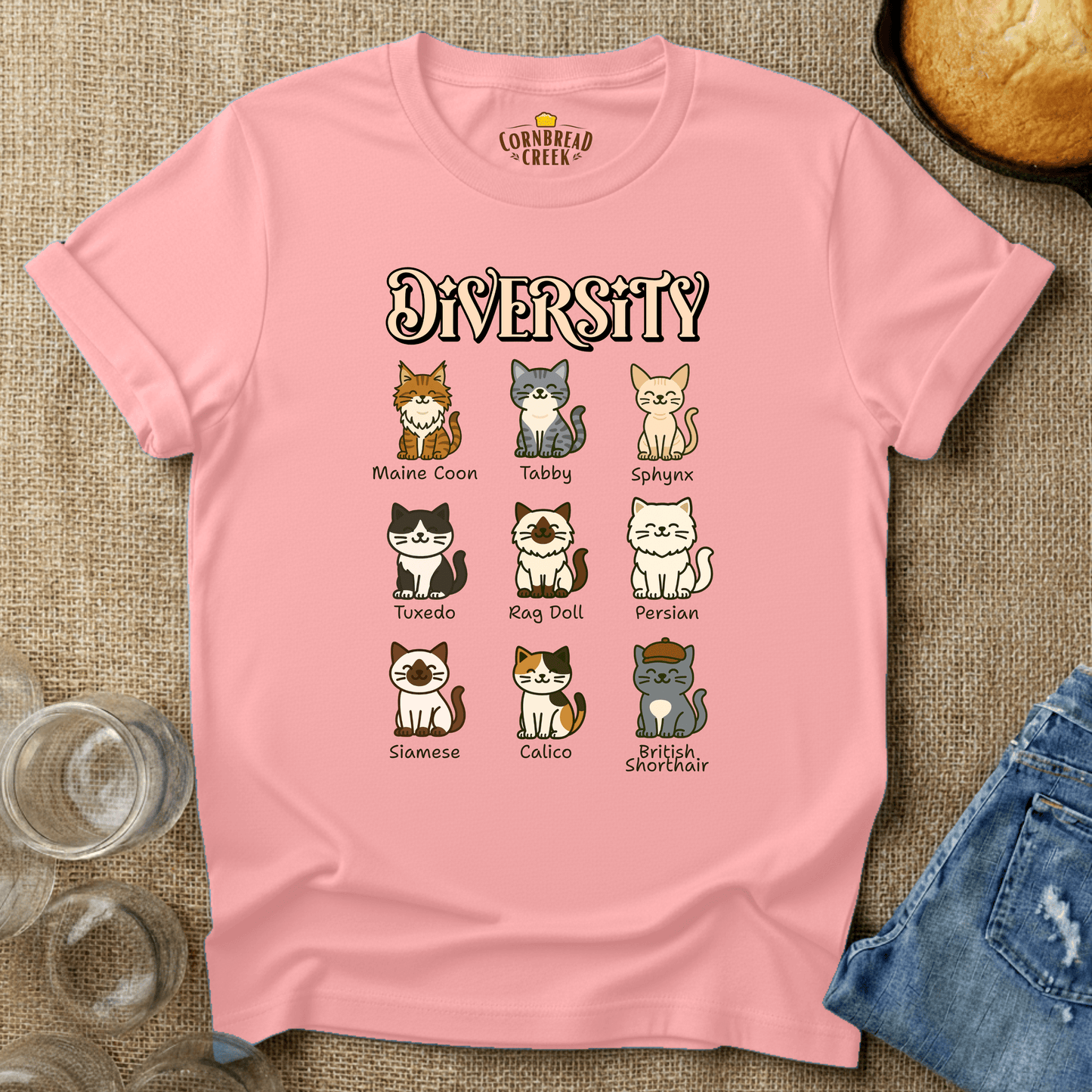 Diversity of Cats T-Shirt Chicken and Rural Homestead Graphic tee Cornbread Creek