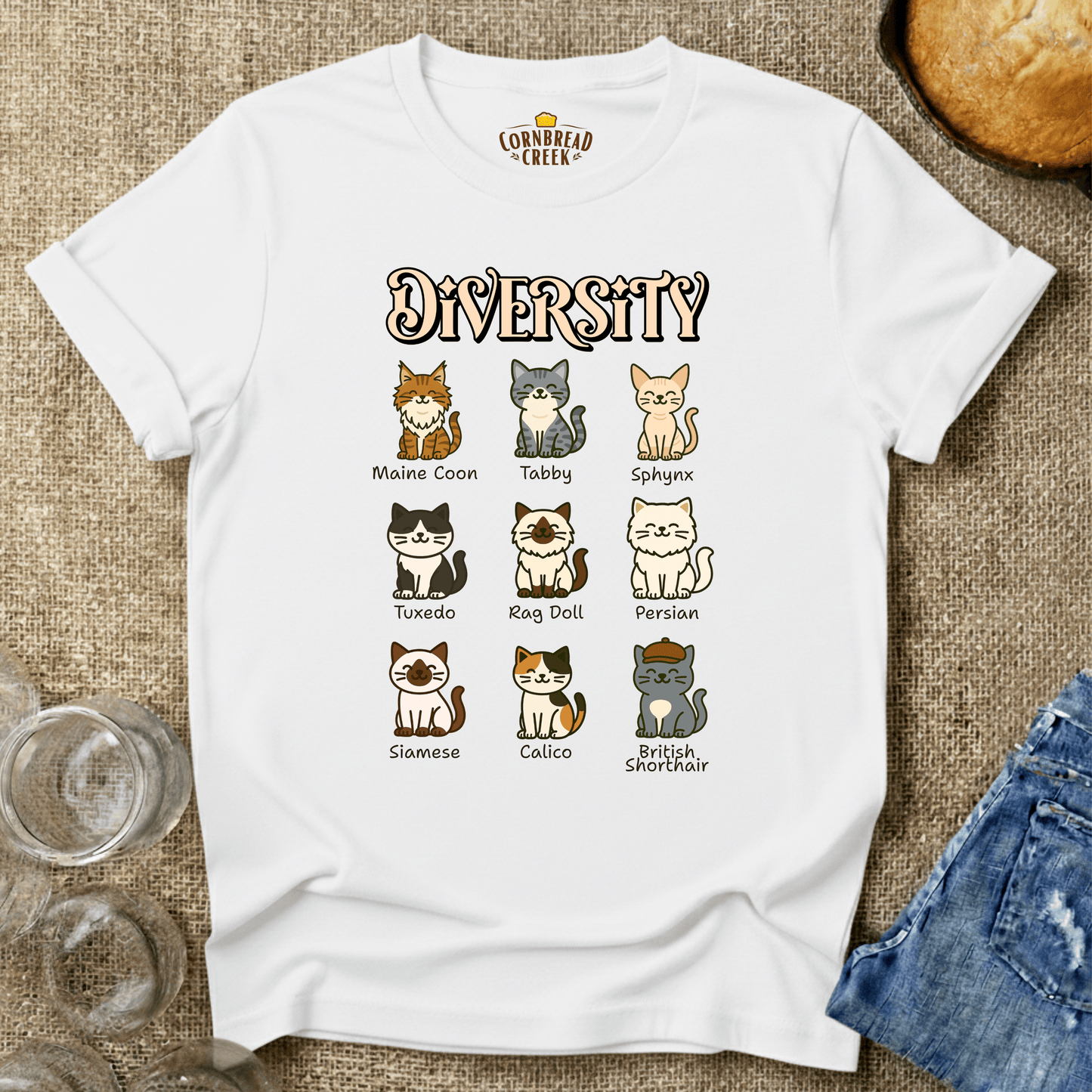 Diversity of Cats T-Shirt Chicken and Rural Homestead Graphic tee Cornbread Creek