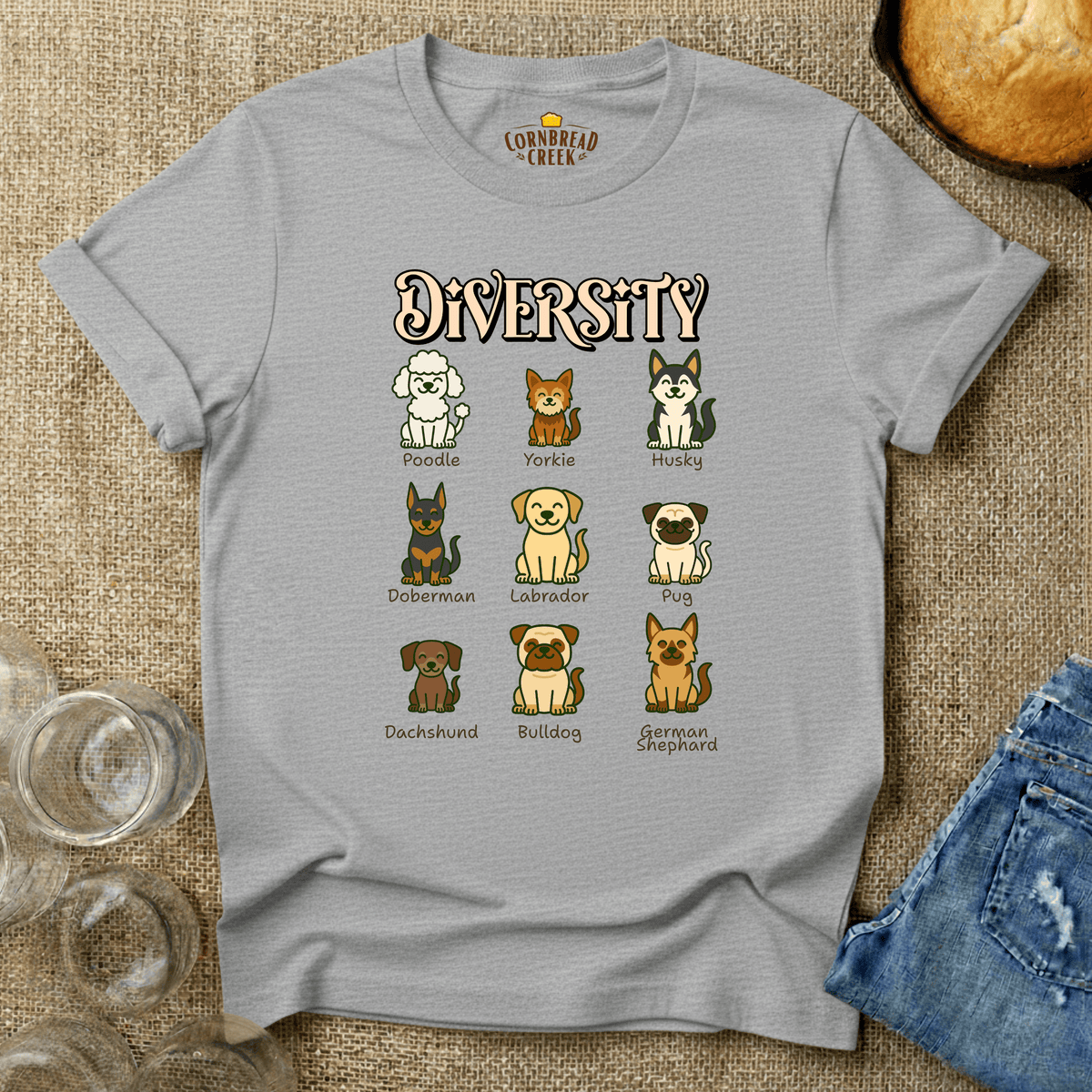 Diversity of Dogs T-Shirt Chicken and Rural Homestead Graphic tee Cornbread Creek