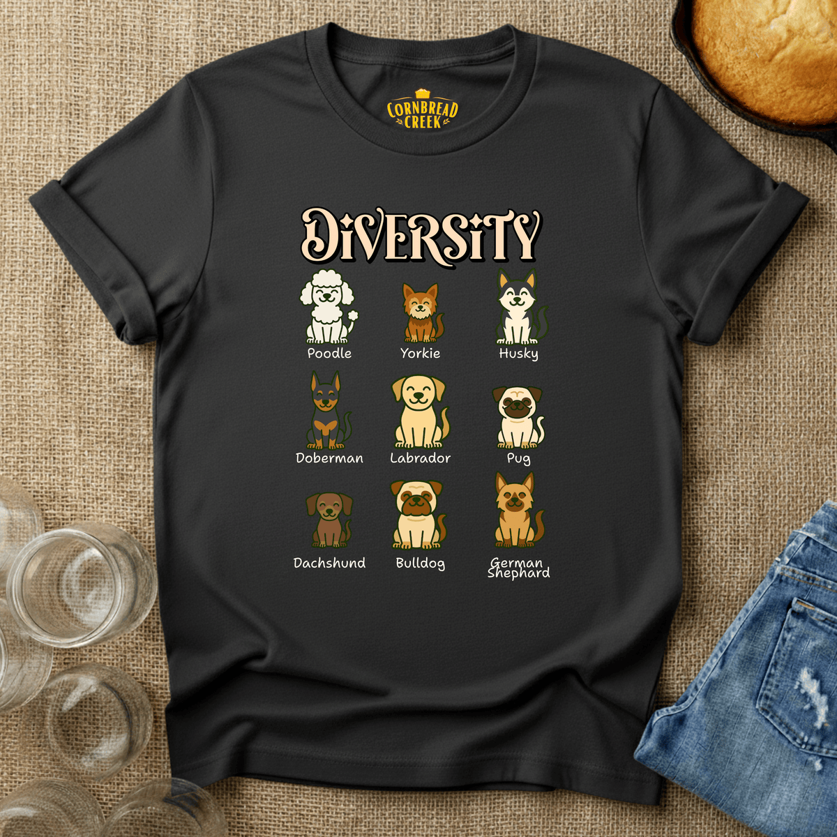 Diversity of Dogs T-Shirt Chicken and Rural Homestead Graphic tee Cornbread Creek