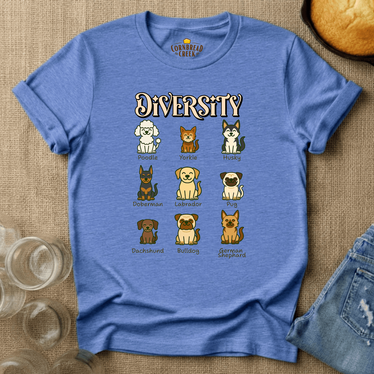 Diversity of Dogs T-Shirt Chicken and Rural Homestead Graphic tee Cornbread Creek