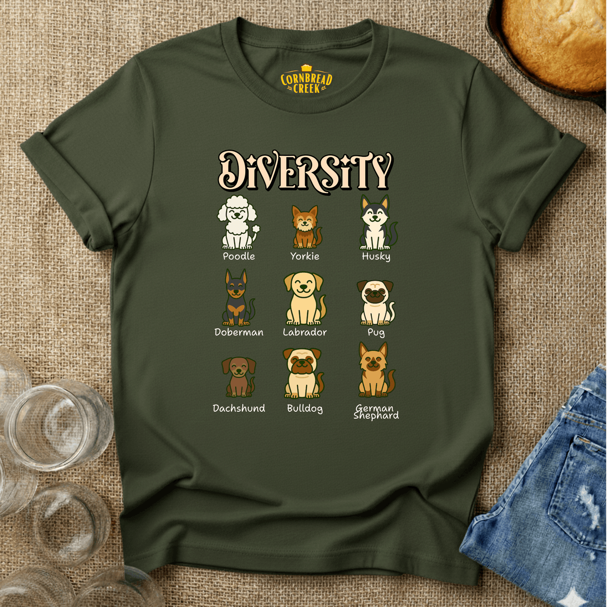 Diversity of Dogs T-Shirt Chicken and Rural Homestead Graphic tee Cornbread Creek