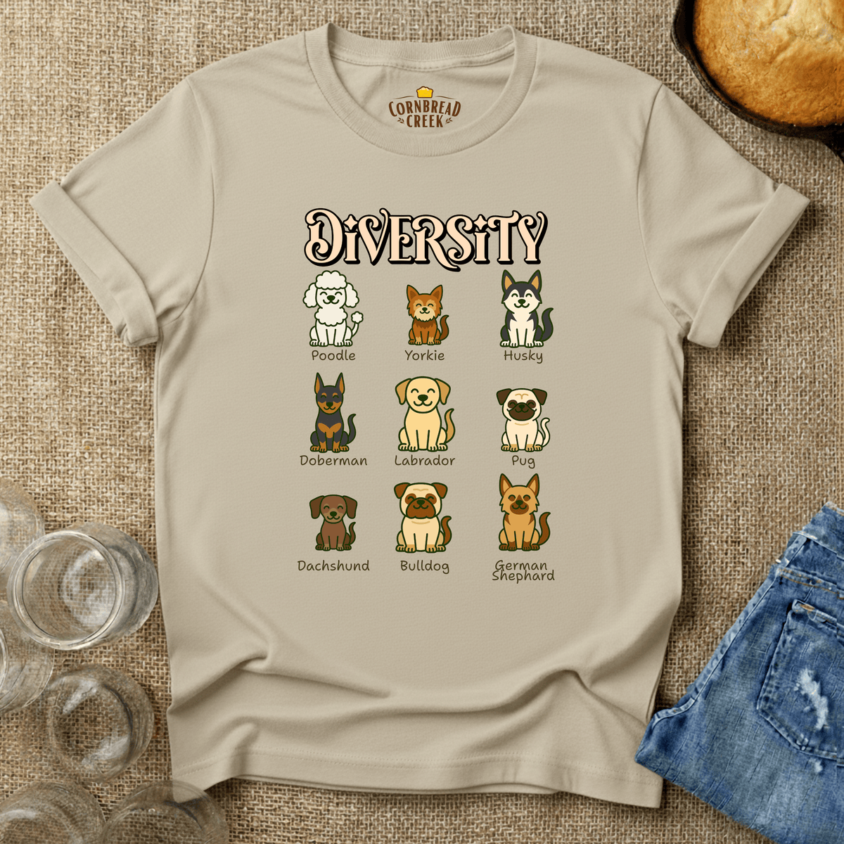Diversity of Dogs T-Shirt Chicken and Rural Homestead Graphic tee Cornbread Creek