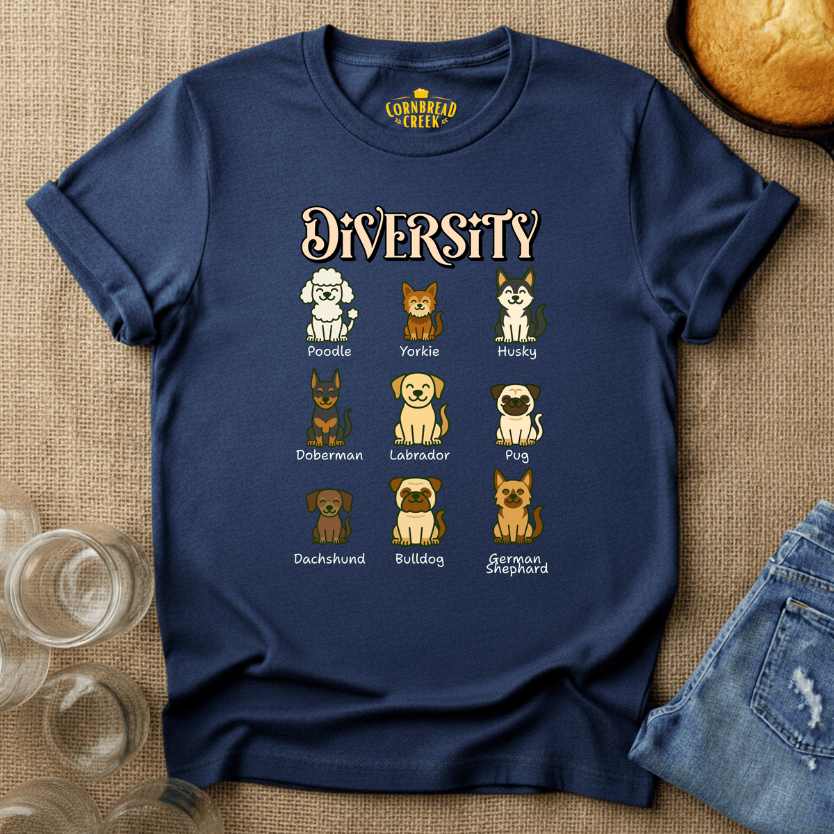 Diversity of Dogs T-Shirt Chicken and Rural Homestead Graphic tee Cornbread Creek