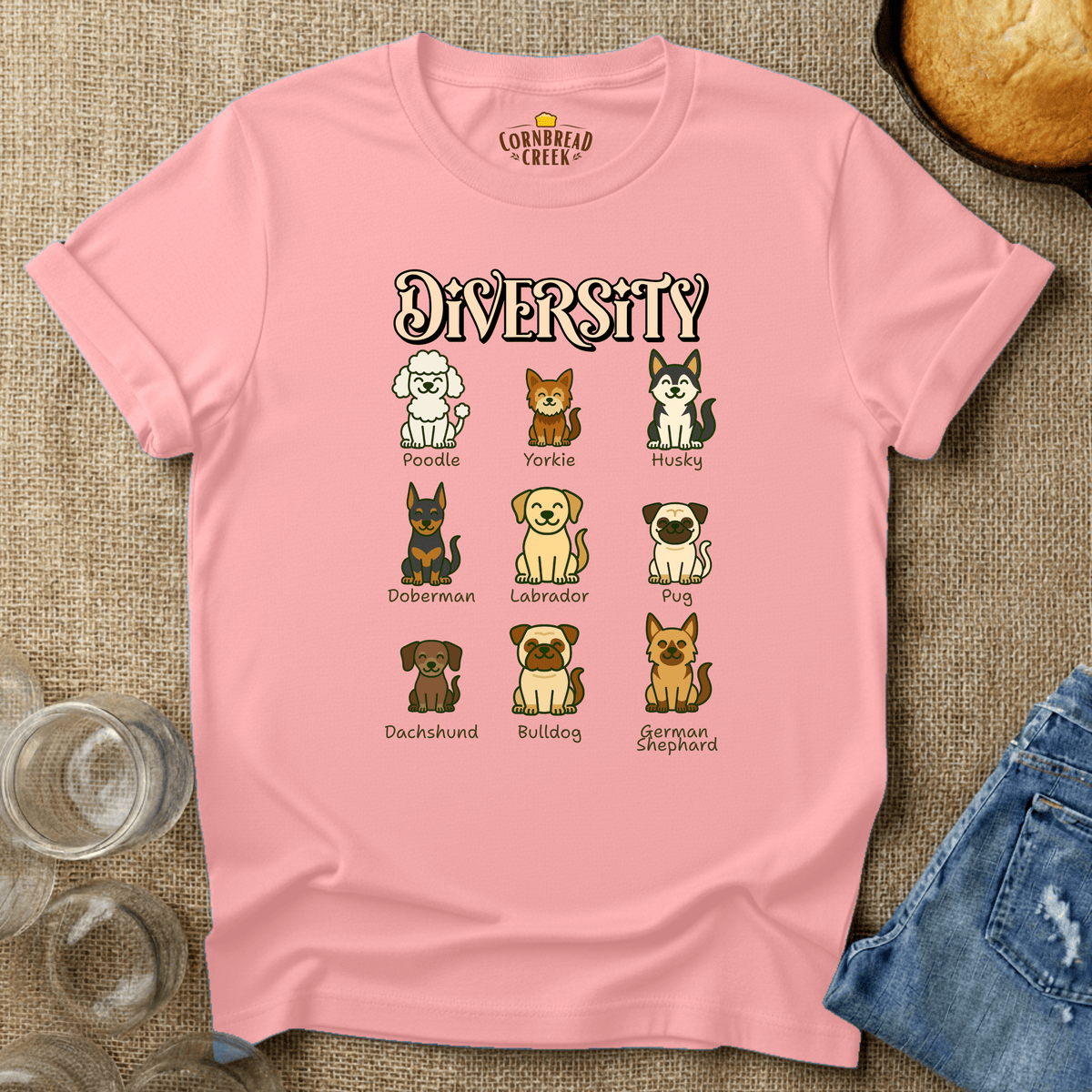 Diversity of Dogs T-Shirt Chicken and Rural Homestead Graphic tee Cornbread Creek