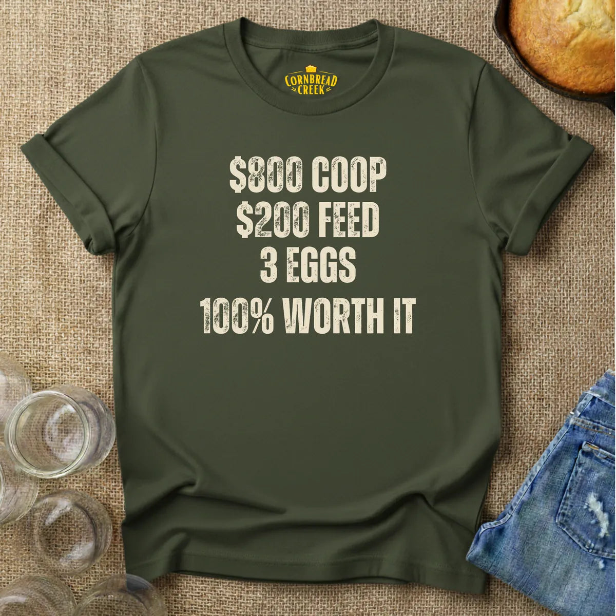 Flock ROI.  Worth It. T-Shirt Chicken and Rural Homestead Graphic tee Cornbread Creek
