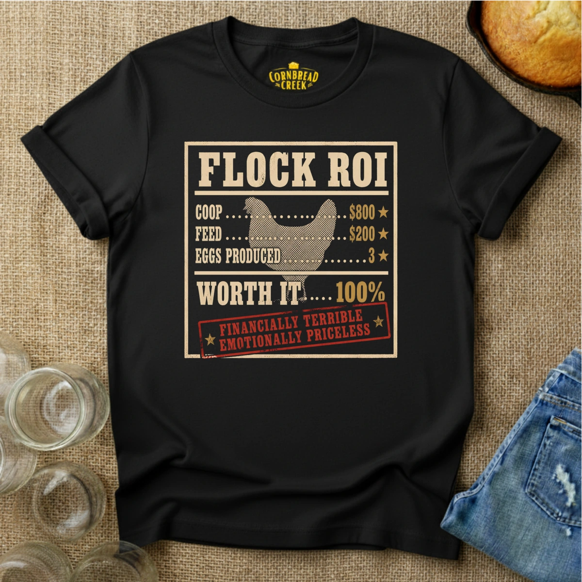 Flock ROI T-Shirt Chicken and Rural Homestead Graphic tee Cornbread Creek
