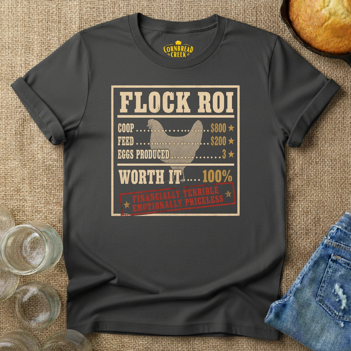 Flock ROI T-Shirt Chicken and Rural Homestead Graphic tee Cornbread Creek