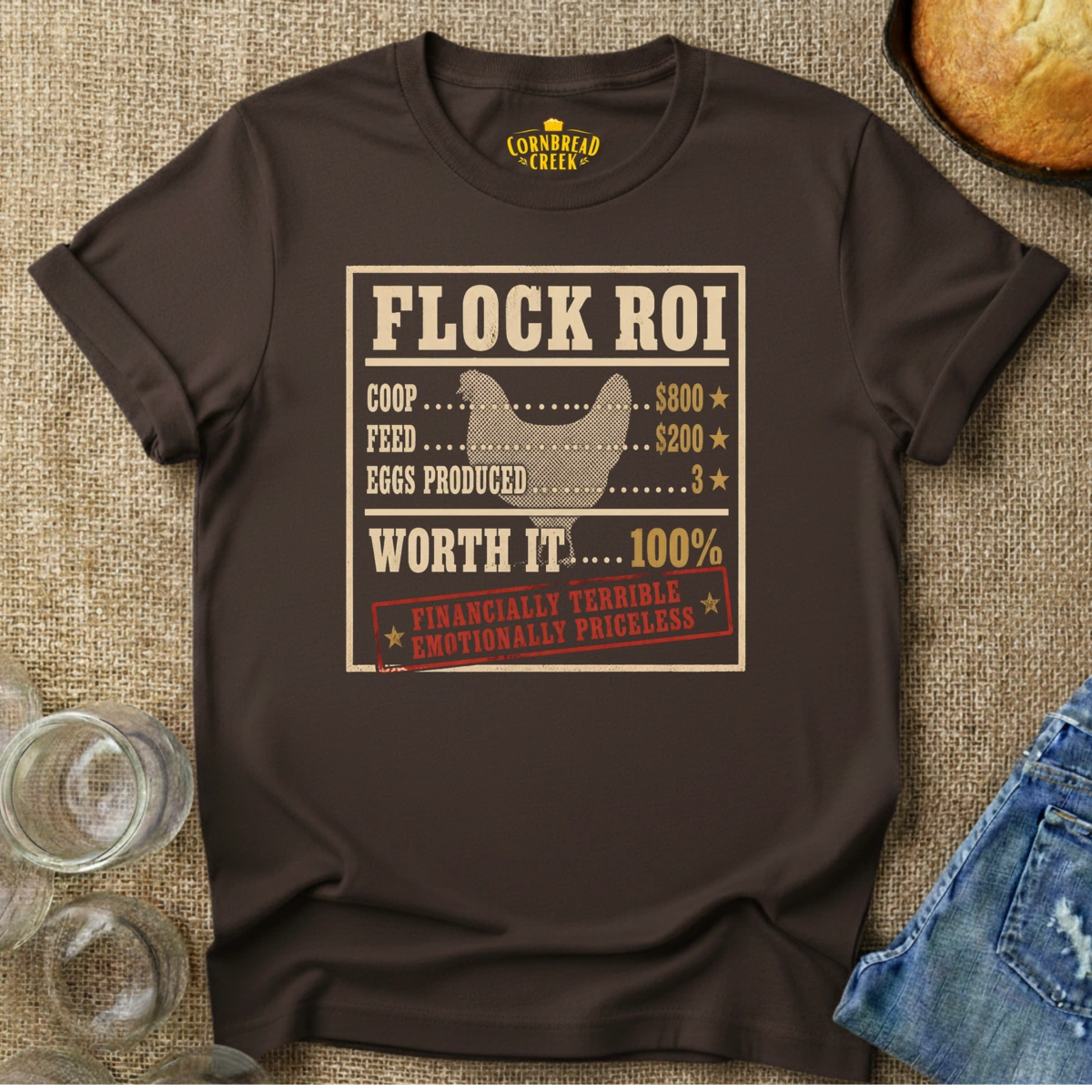 Flock ROI T-Shirt Chicken and Rural Homestead Graphic tee Cornbread Creek