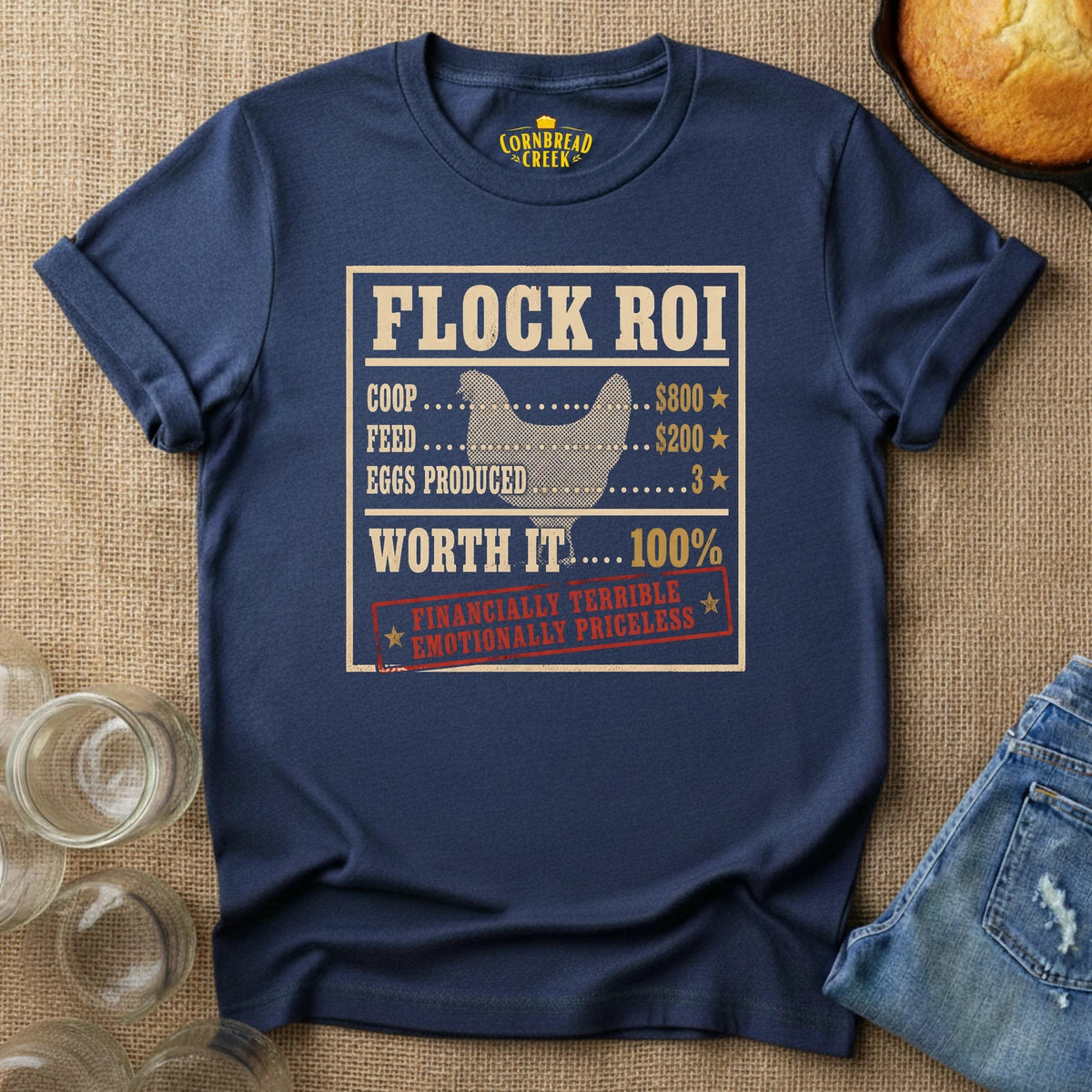 Flock ROI T-Shirt Chicken and Rural Homestead Graphic tee Cornbread Creek