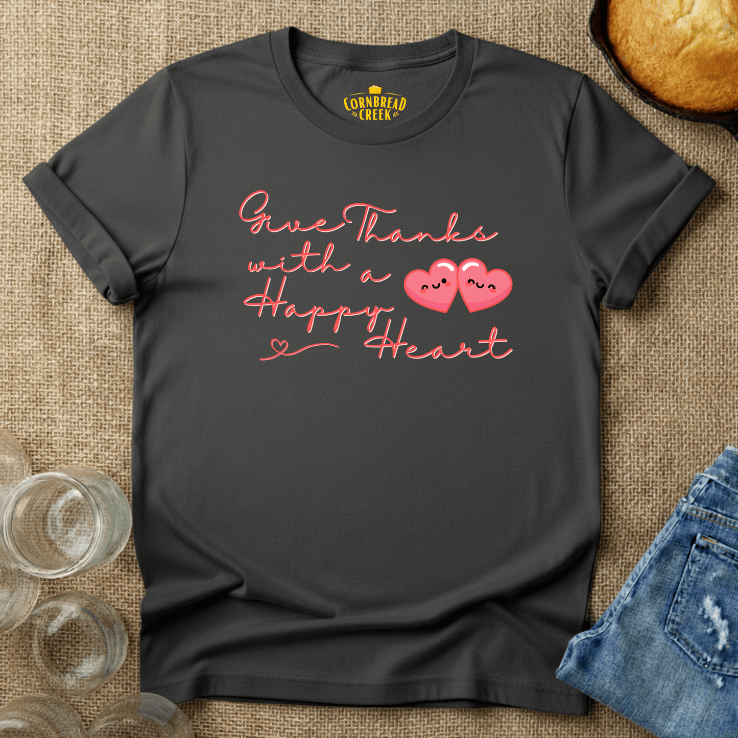 Give Thanks With A Happy Heart T-Shirt Chicken and Rural Homestead Graphic tee Cornbread Creek