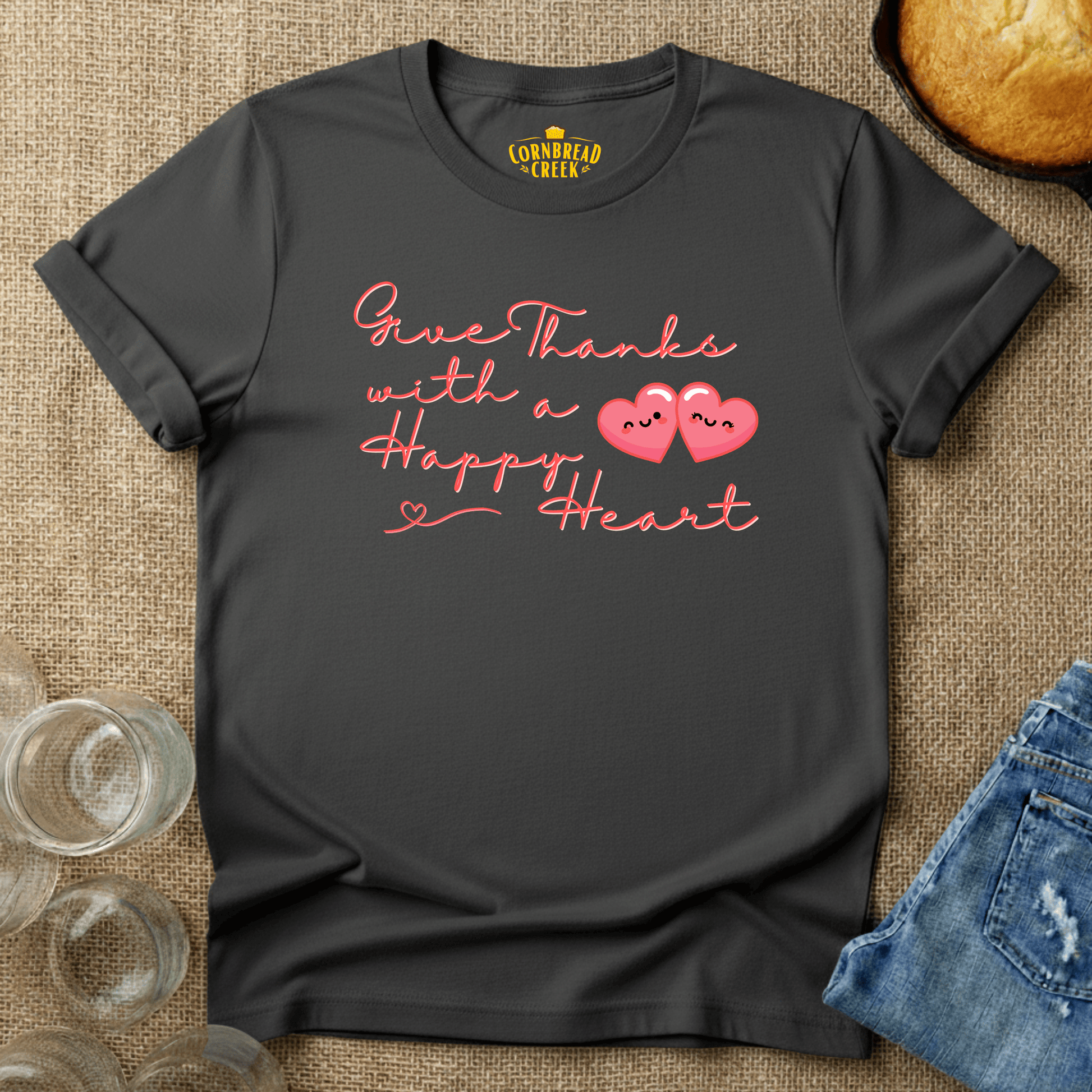 Give Thanks With A Happy Heart T-Shirt Chicken and Rural Homestead Graphic tee Cornbread Creek