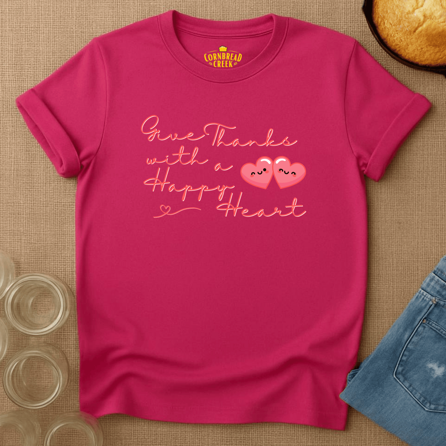 Give Thanks With A Happy Heart T-Shirt Chicken and Rural Homestead Graphic tee Cornbread Creek