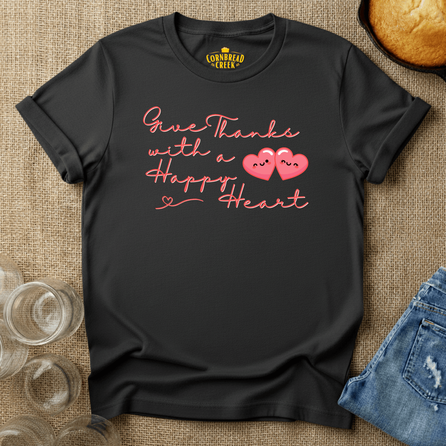 Give Thanks With A Happy Heart T-Shirt Chicken and Rural Homestead Graphic tee Cornbread Creek
