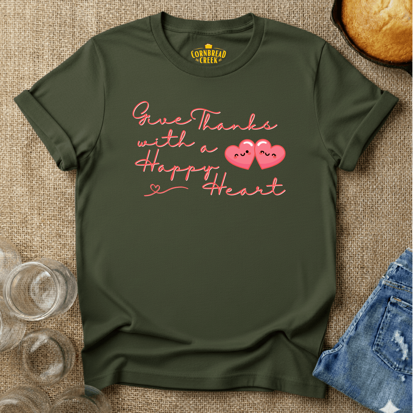 Give Thanks With A Happy Heart T-Shirt Chicken and Rural Homestead Graphic tee Cornbread Creek