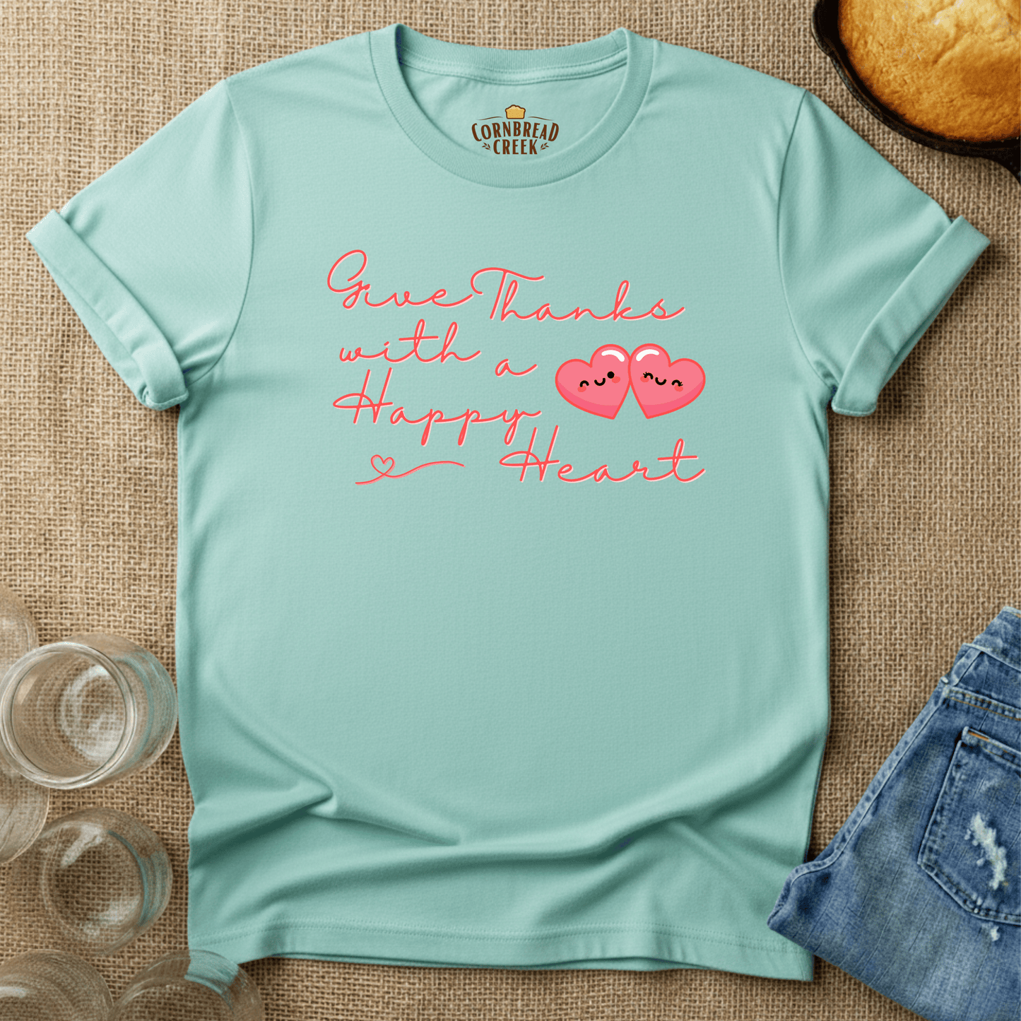 Give Thanks With A Happy Heart T-Shirt Chicken and Rural Homestead Graphic tee Cornbread Creek