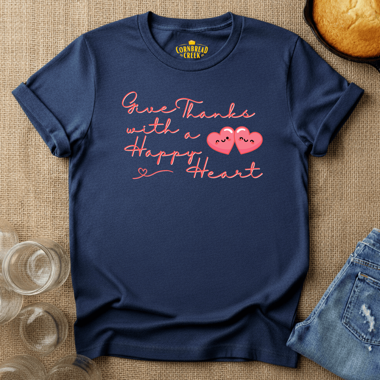 Give Thanks With A Happy Heart T-Shirt Chicken and Rural Homestead Graphic tee Cornbread Creek