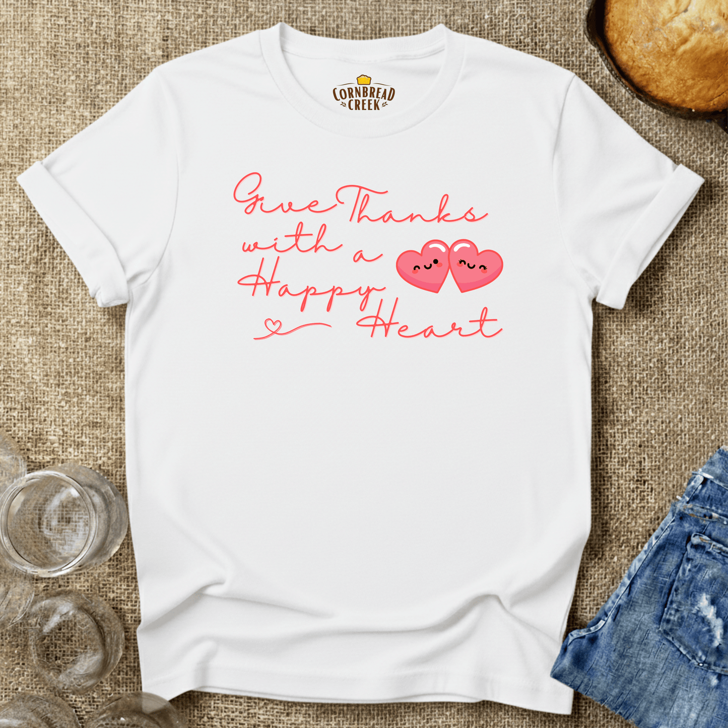 Give Thanks With A Happy Heart T-Shirt Chicken and Rural Homestead Graphic tee Cornbread Creek