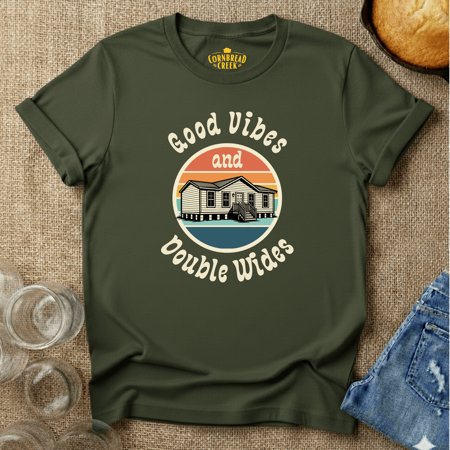 Good Vibes and Double Wides - Vintage Comfort Country Living Graphic Tee T-Shirt Chicken and Rural Homestead Graphic tee Cornbread Creek