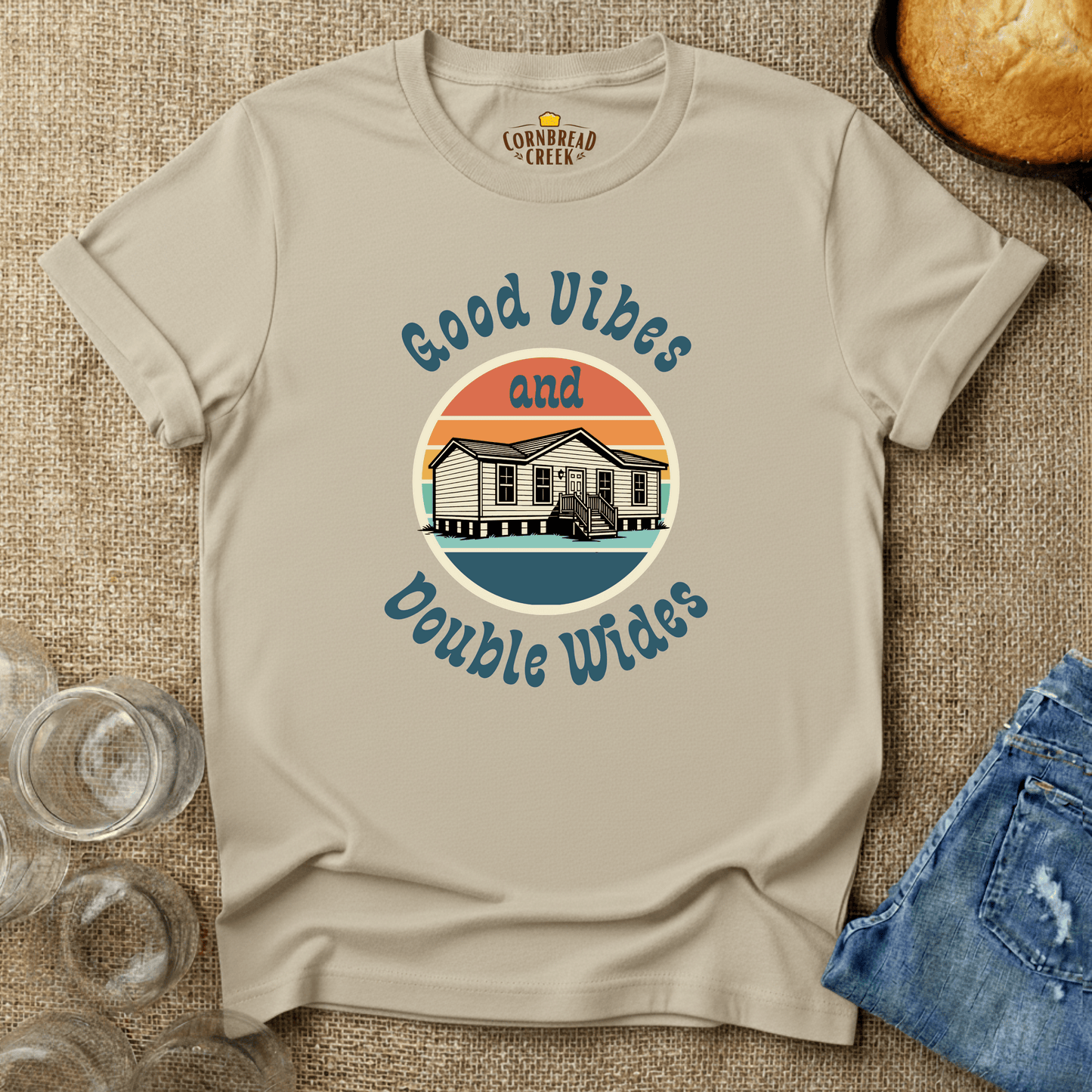 Good Vibes and Double Wides - Vintage Comfort Country Living Graphic Tee T-Shirt Chicken and Rural Homestead Graphic tee Cornbread Creek