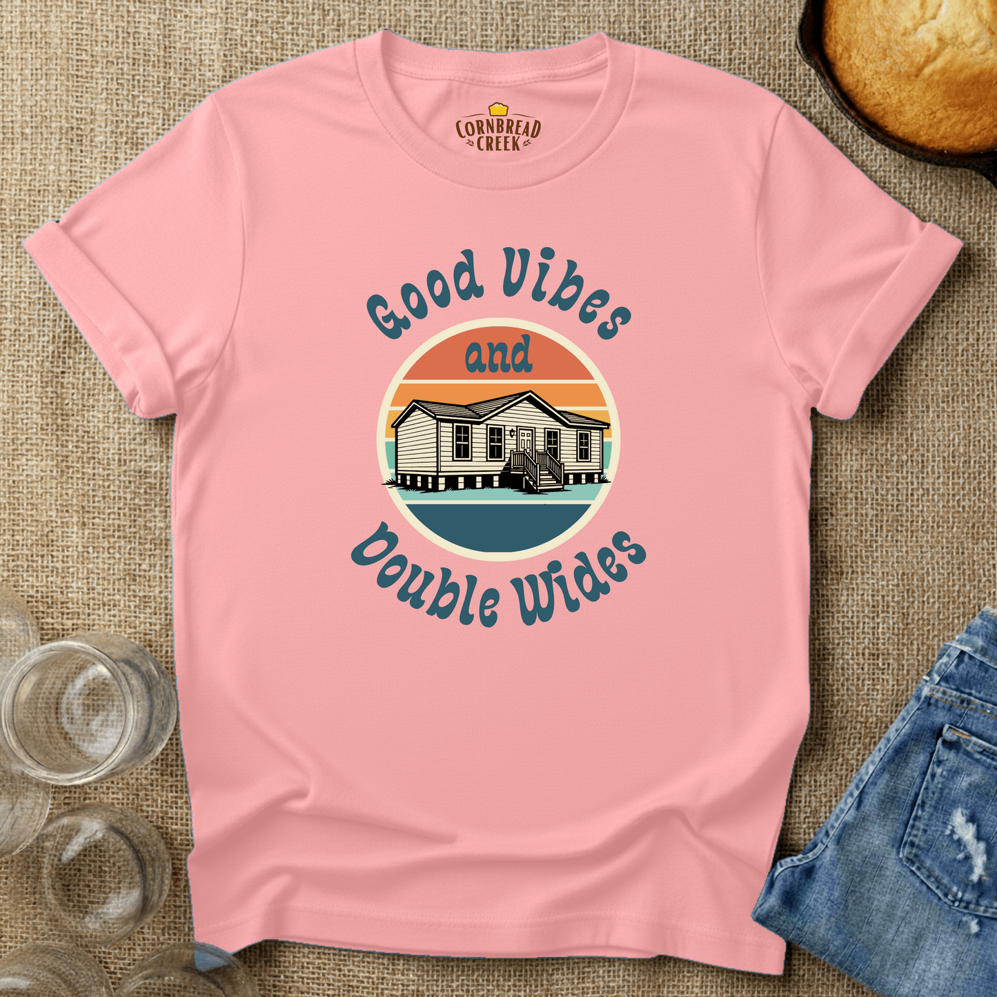 Good Vibes and Double Wides - Vintage Comfort Country Living Graphic Tee T-Shirt Chicken and Rural Homestead Graphic tee Cornbread Creek