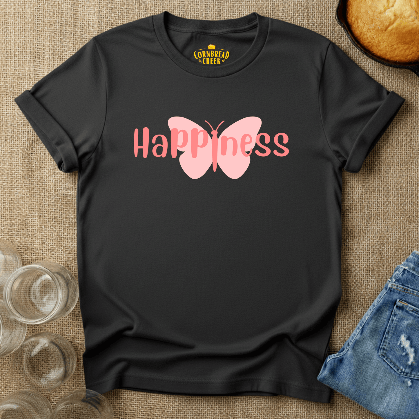 Happiness Butterfly T-Shirt Chicken and Rural Homestead Graphic tee Cornbread Creek
