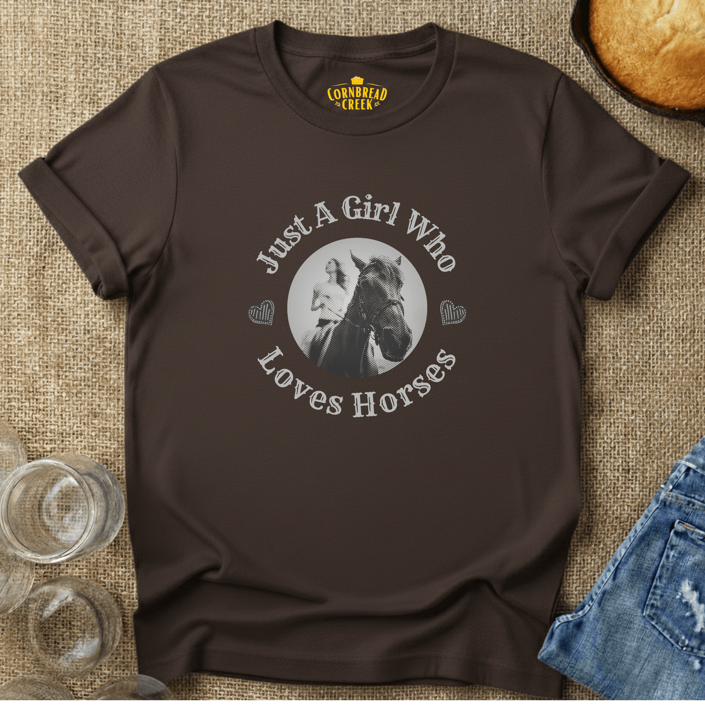 Just A Girl Who Loves Horses T-Shirt Chicken and Rural Homestead Graphic tee Cornbread Creek