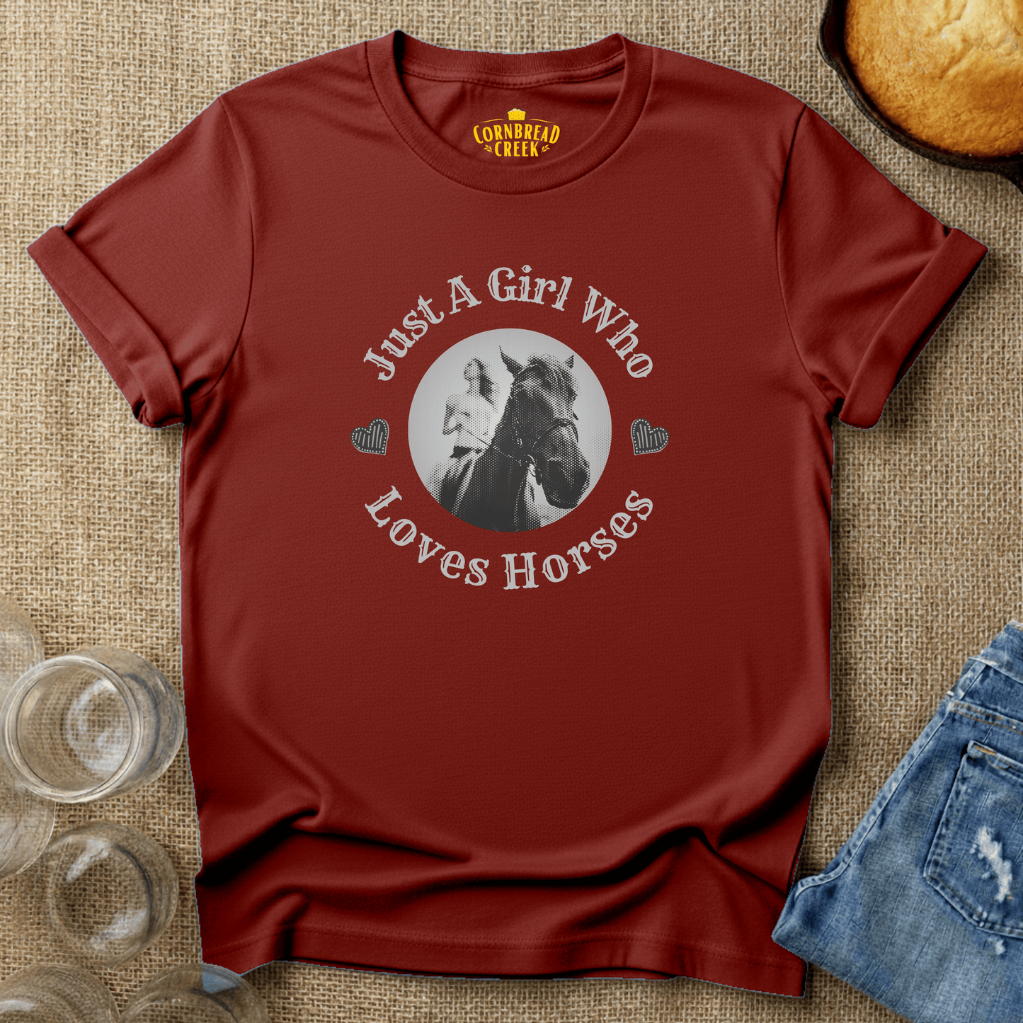 Just A Girl Who Loves Horses T-Shirt Chicken and Rural Homestead Graphic tee Cornbread Creek