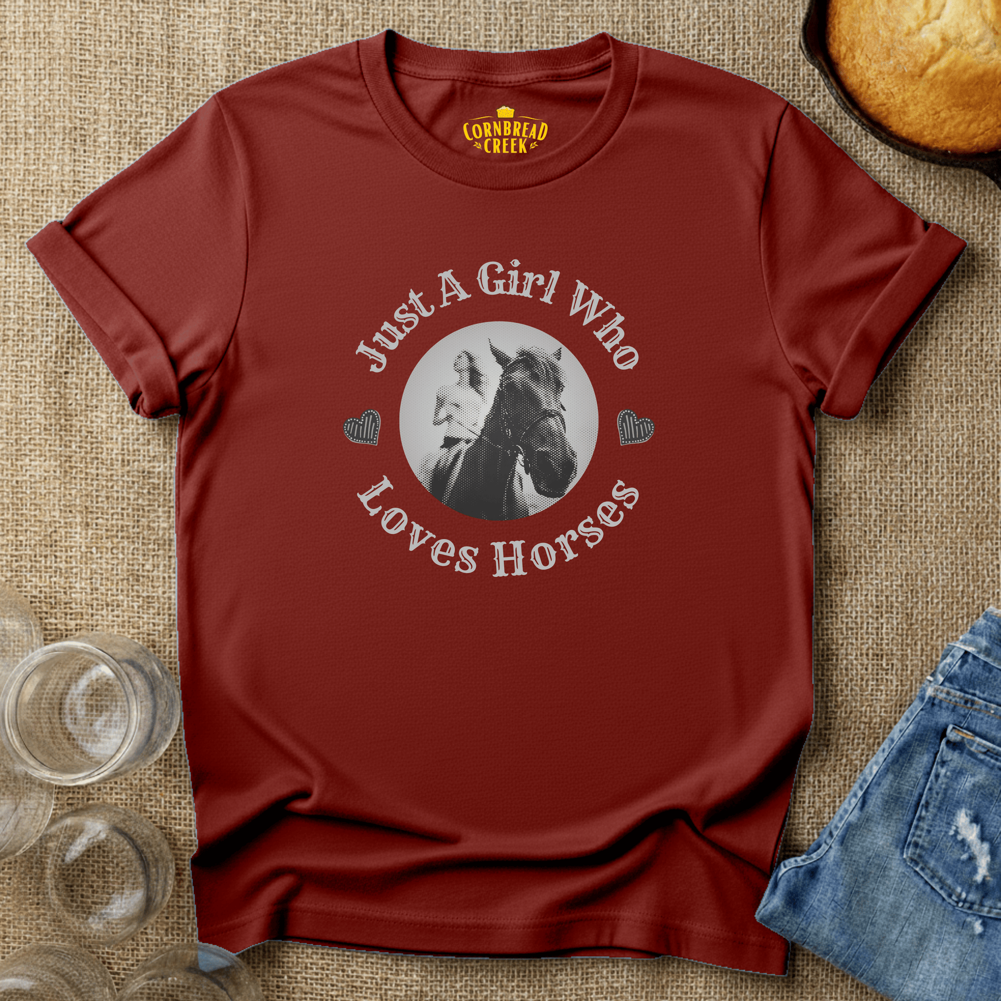 Just A Girl Who Loves Horses T-Shirt Chicken and Rural Homestead Graphic tee Cornbread Creek
