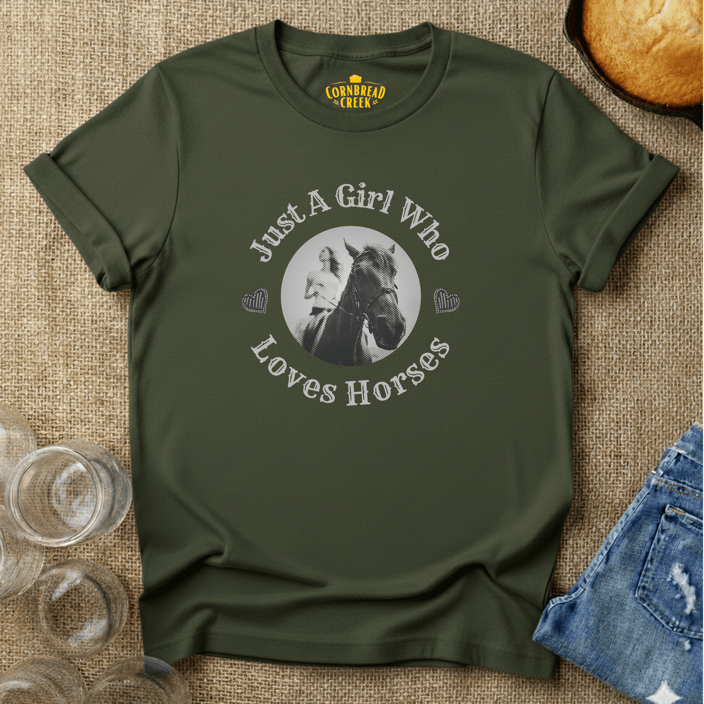 Just A Girl Who Loves Horses T-Shirt Chicken and Rural Homestead Graphic tee Cornbread Creek