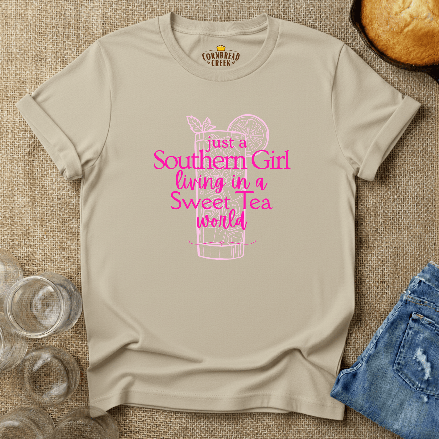 Just A Southern Girl Living In A Sweet Tea World T-Shirt Chicken and Rural Homestead Graphic tee Cornbread Creek