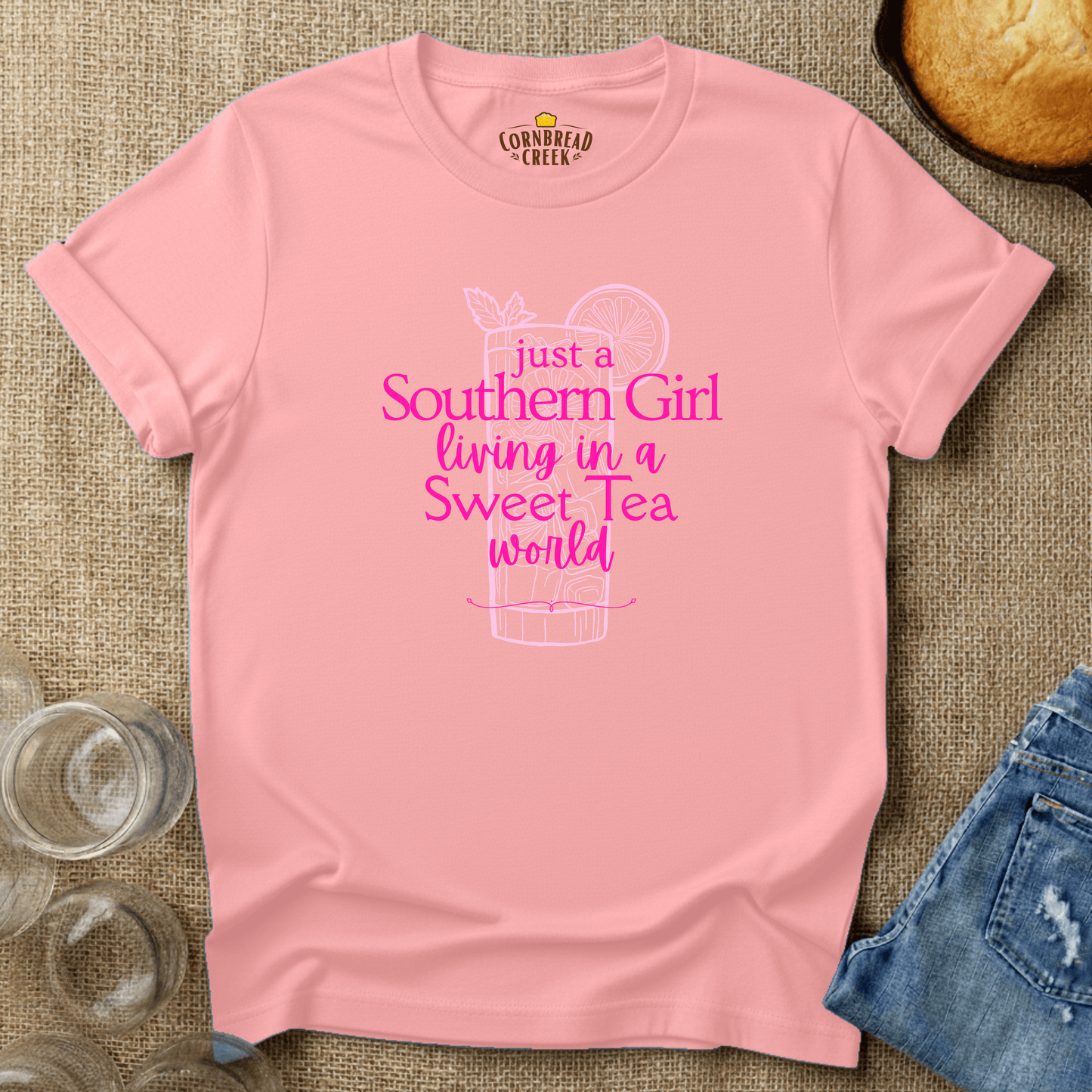 Just A Southern Girl Living In A Sweet Tea World T-Shirt Chicken and Rural Homestead Graphic tee Cornbread Creek