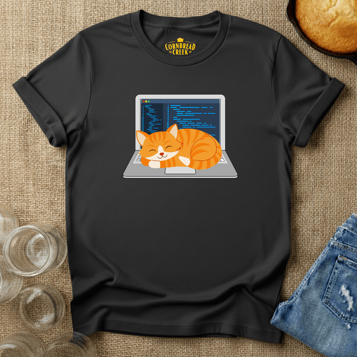Laptop Cat Warmer T-Shirt Chicken and Rural Homestead Graphic tee Cornbread Creek