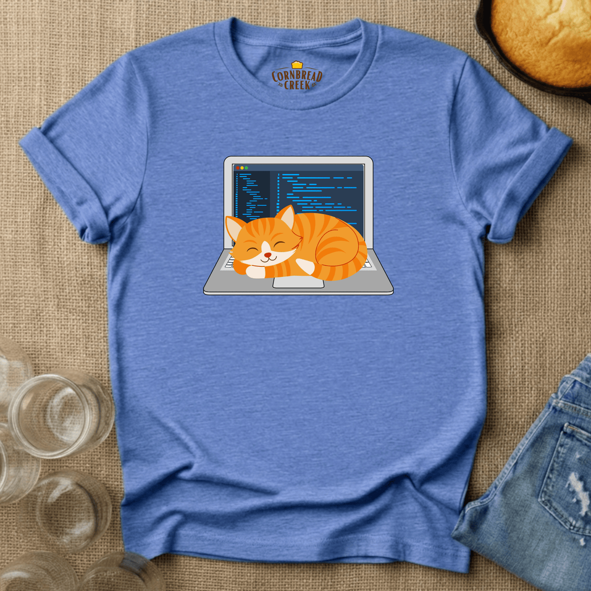 Laptop Cat Warmer T-Shirt Chicken and Rural Homestead Graphic tee Cornbread Creek