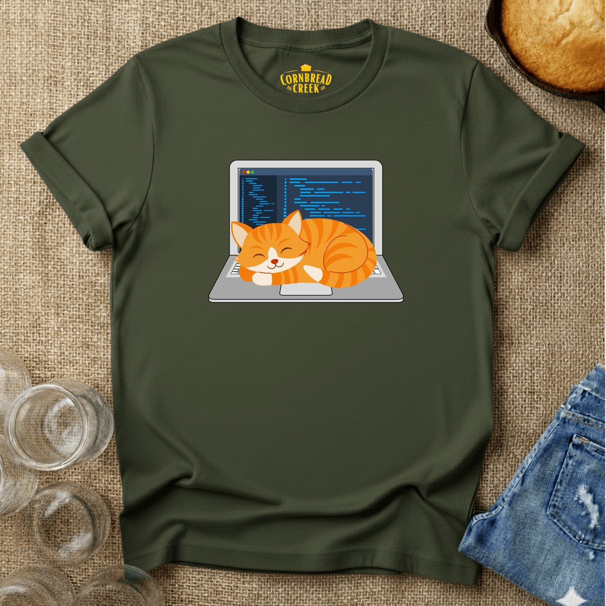 Laptop Cat Warmer T-Shirt Chicken and Rural Homestead Graphic tee Cornbread Creek