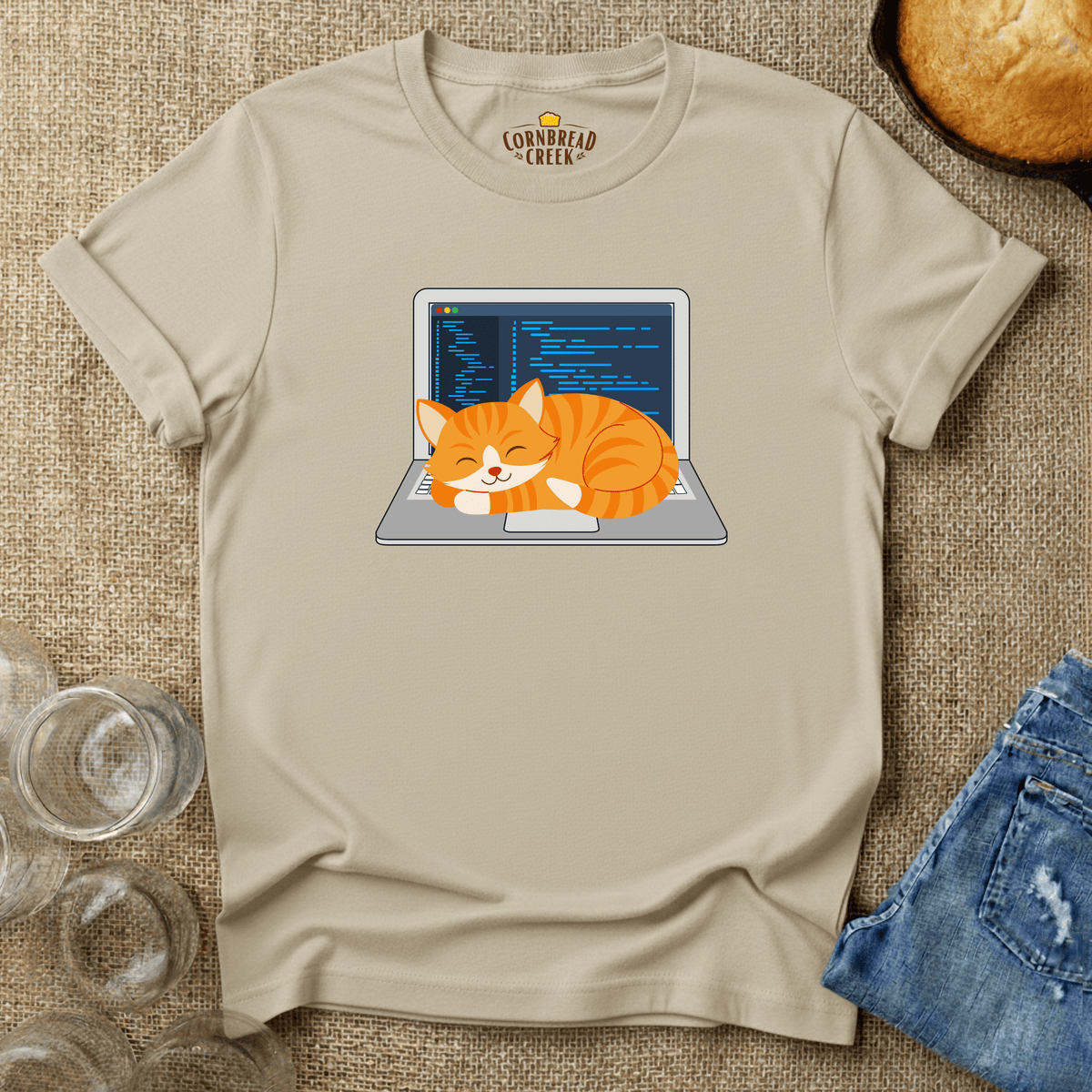 Laptop Cat Warmer T-Shirt Chicken and Rural Homestead Graphic tee Cornbread Creek