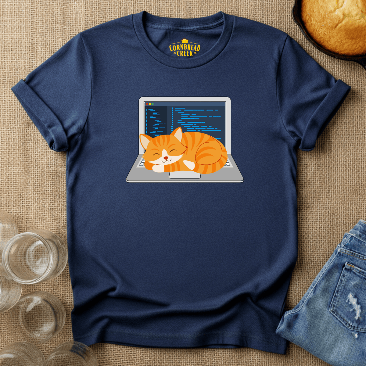 Laptop Cat Warmer T-Shirt Chicken and Rural Homestead Graphic tee Cornbread Creek
