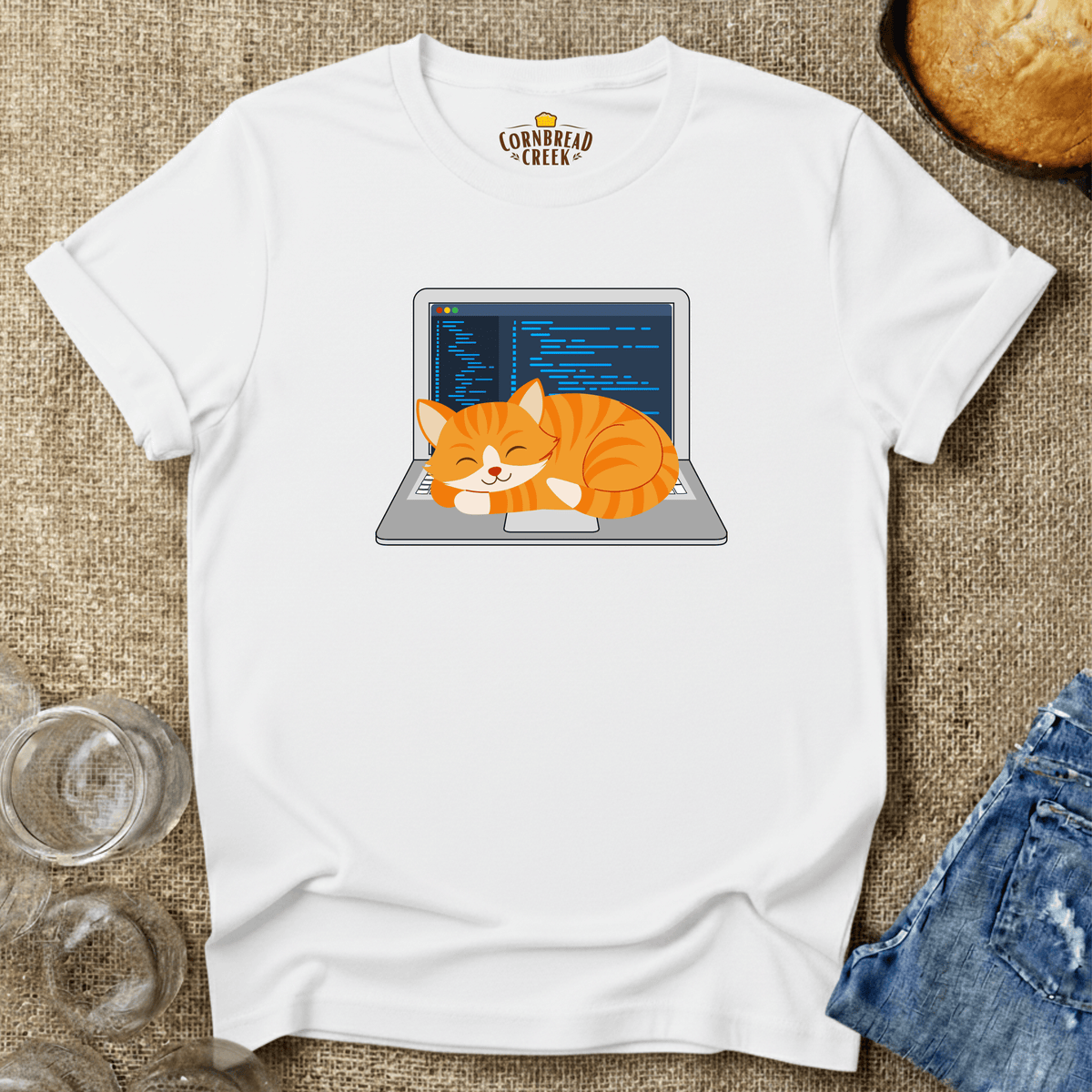 Laptop Cat Warmer T-Shirt Chicken and Rural Homestead Graphic tee Cornbread Creek