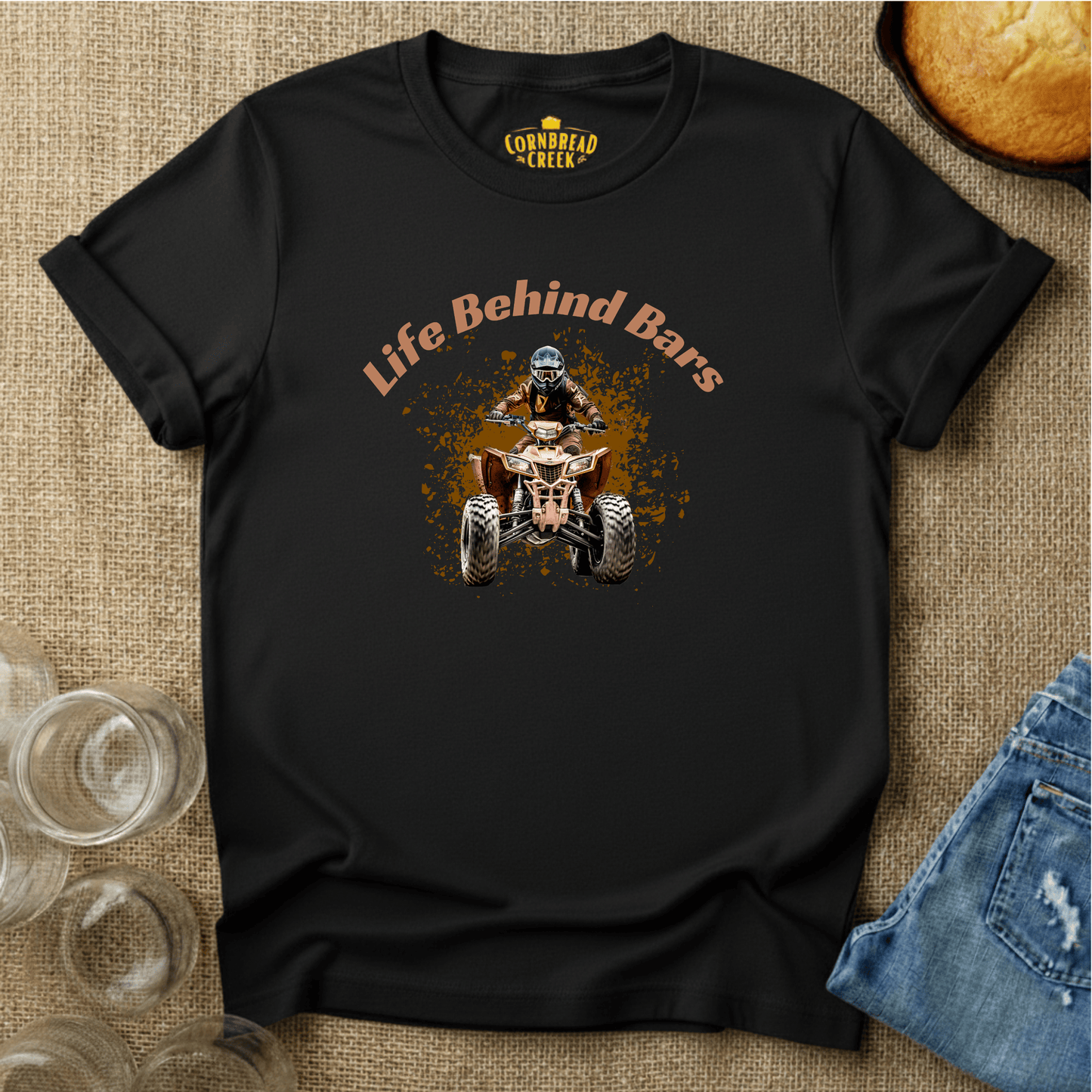 Life Behind Bars (ATV) T-Shirt Chicken and Rural Homestead Graphic tee Cornbread Creek