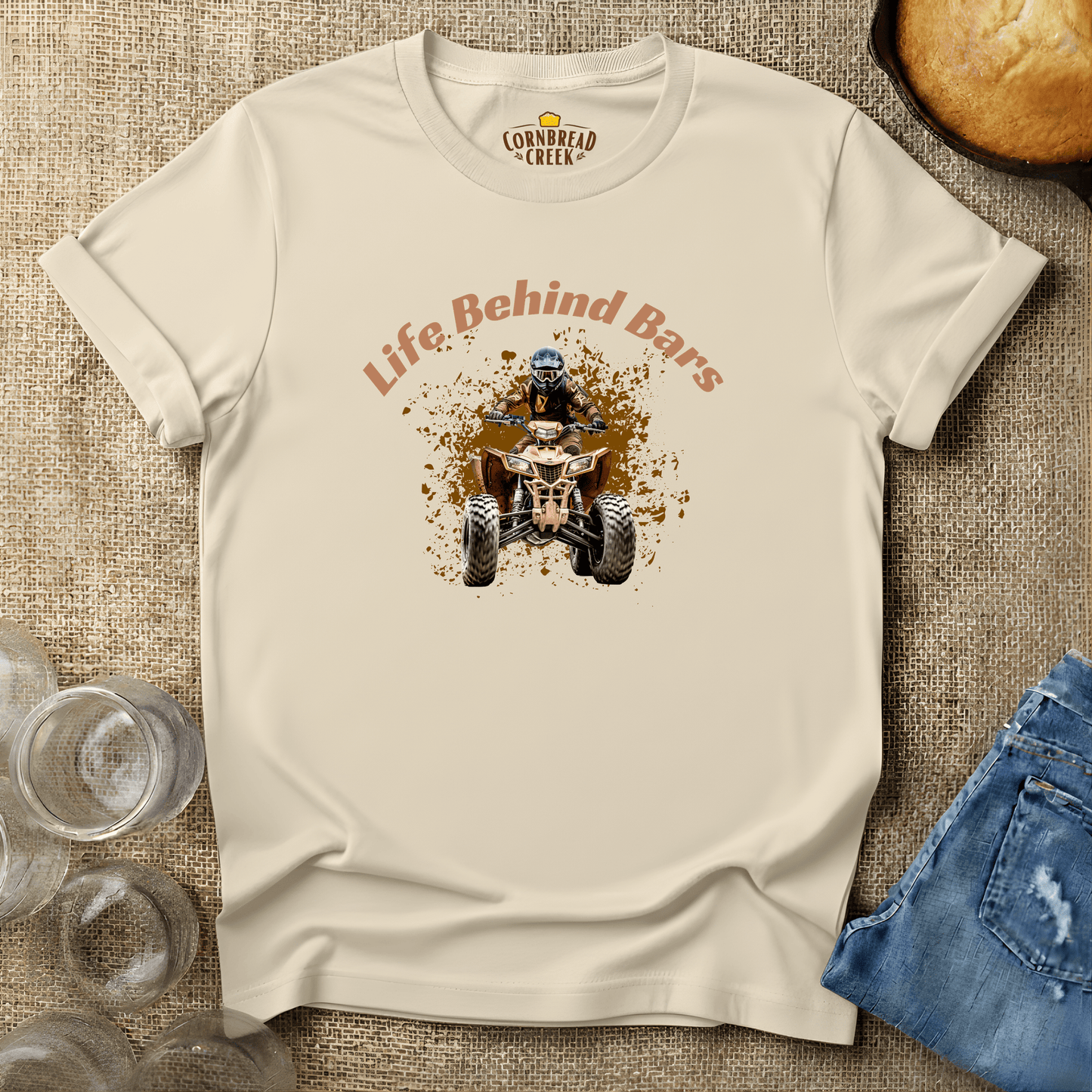Life Behind Bars (ATV) T-Shirt Chicken and Rural Homestead Graphic tee Cornbread Creek